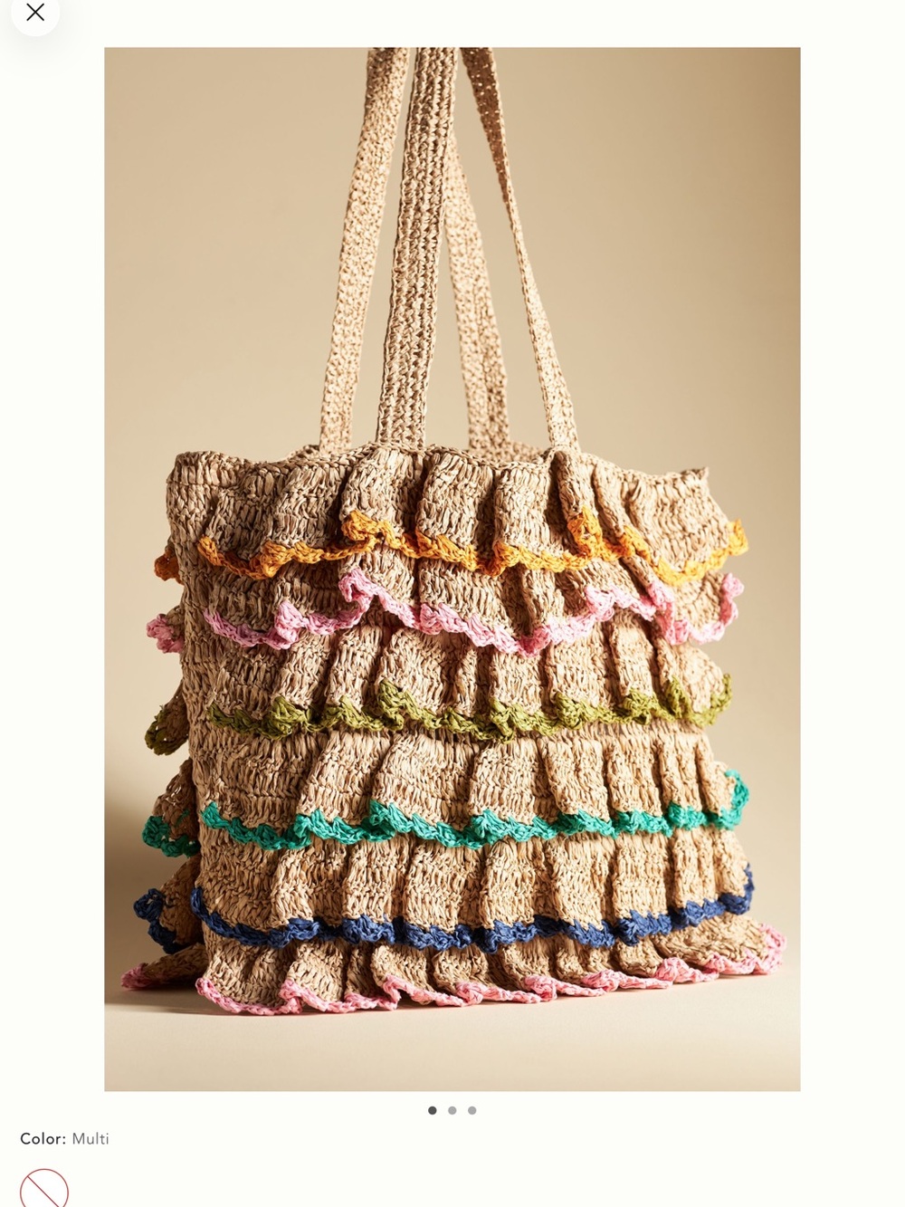 Beige Crochet Ruffle Tote with Multicolor Trim
